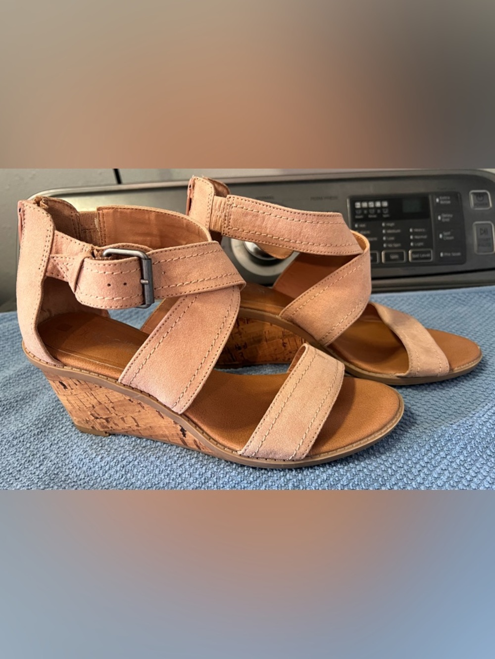 Tan Suede Cross-Strap Cork Wedge Sandals